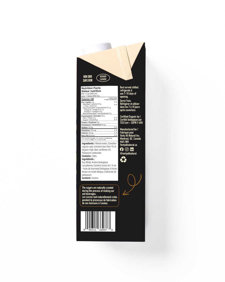 Varty Barista Unsweetened Oat Beverage organic oat beverage carton, 946 mL
