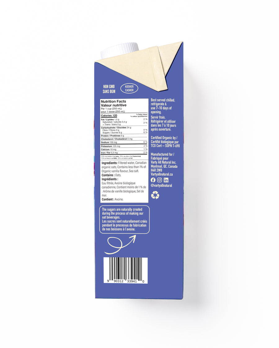 Varty Vanilla Unsweetened Oat Beverage organic oat beverage carton, 946 mL