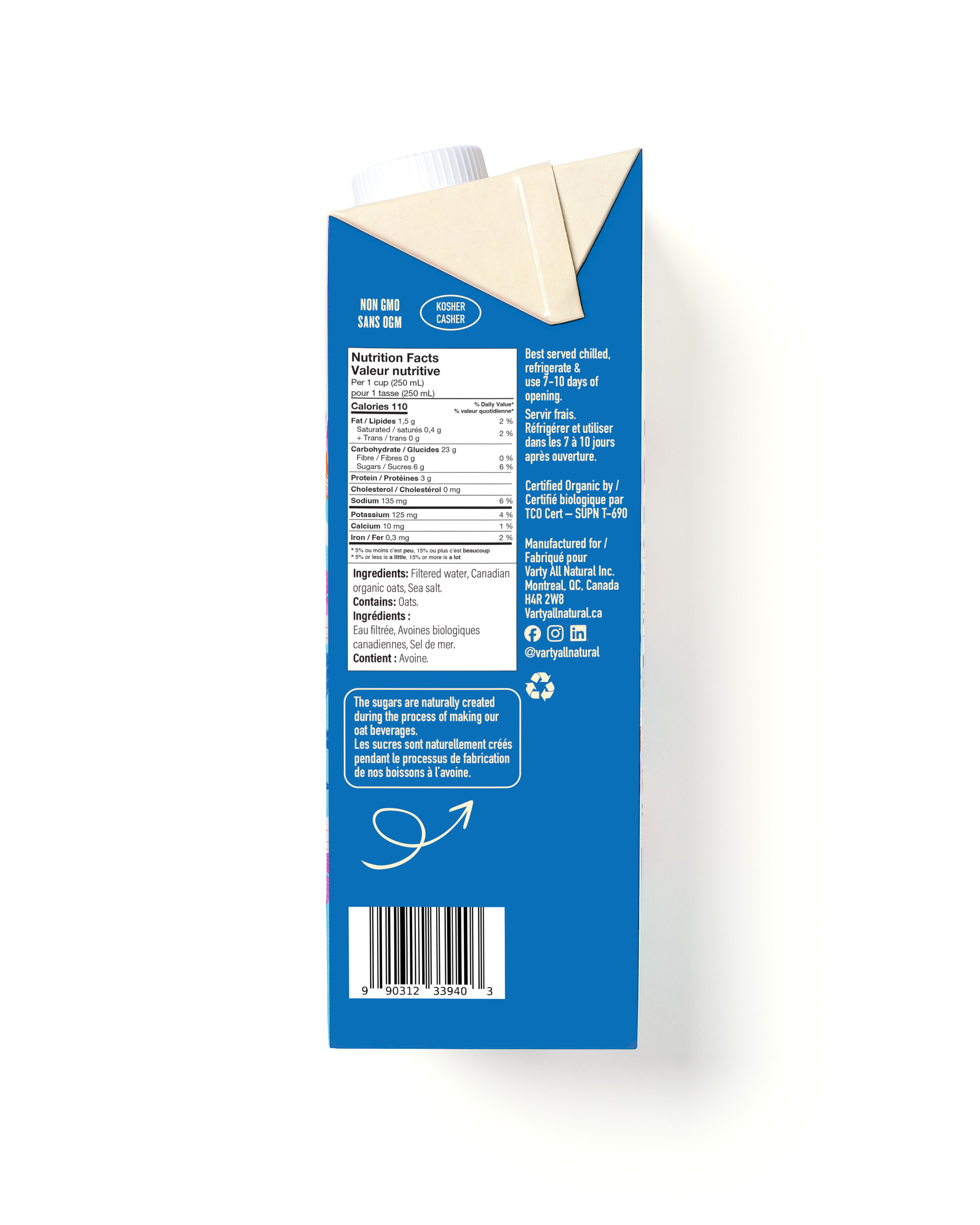 Varty Original organic oat beverage, ingredient label side