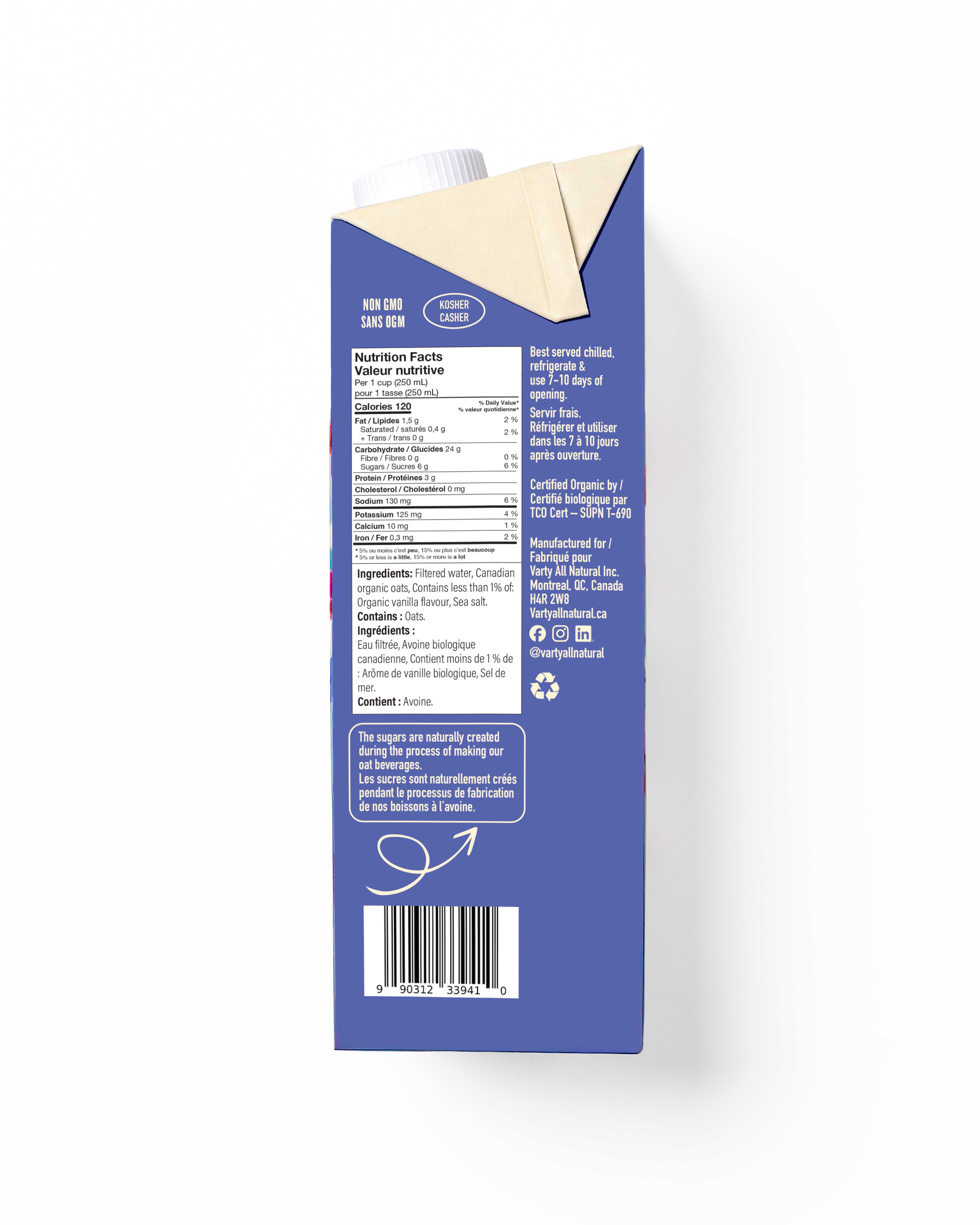 Varty Vanilla organic oat beverage, ingredient label side